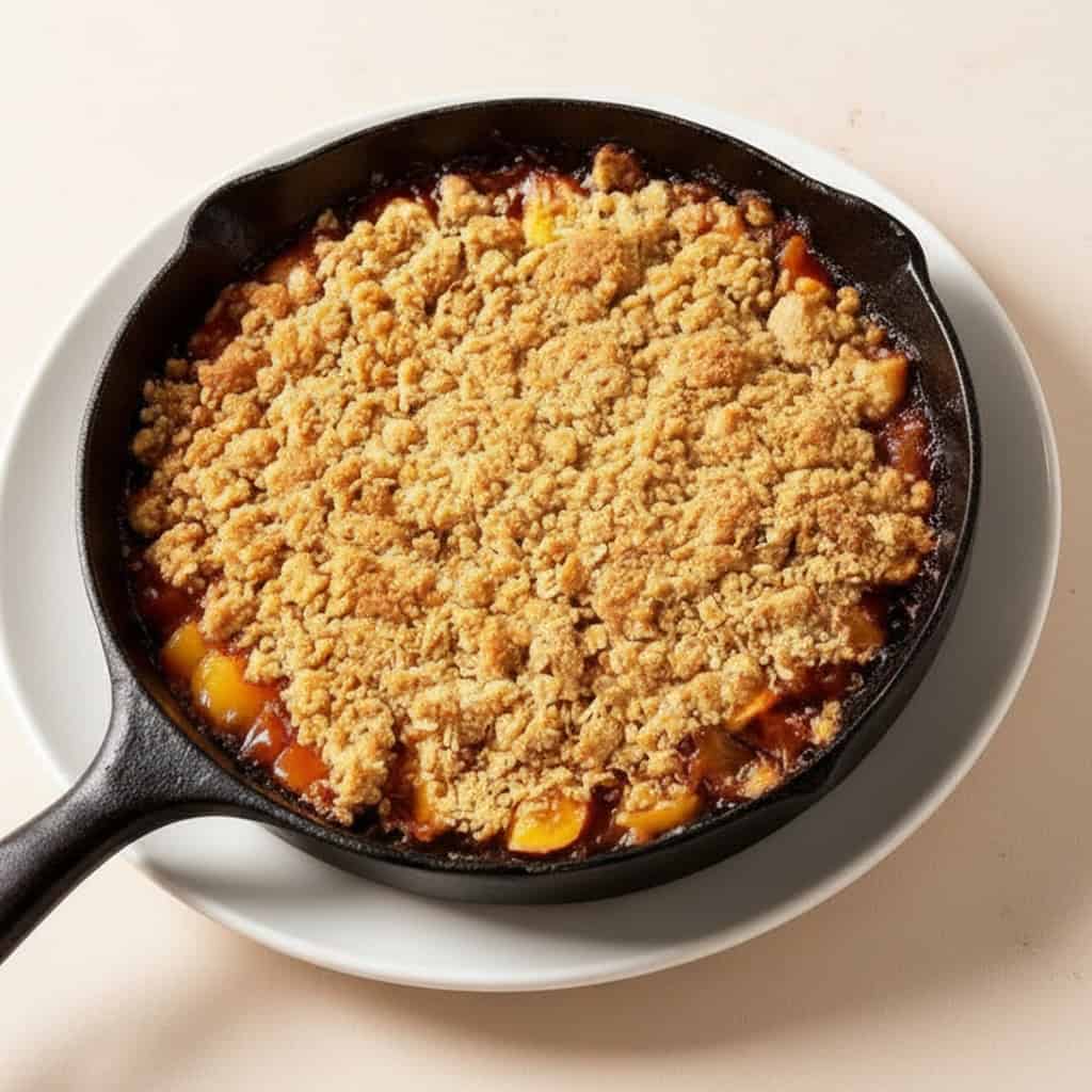 Golden brown fruit crisp with a crumbly topping in a cast iron skillet, served on a white plate, showcasing a delicious甜点 perfect for dessert or cozy gatherings.