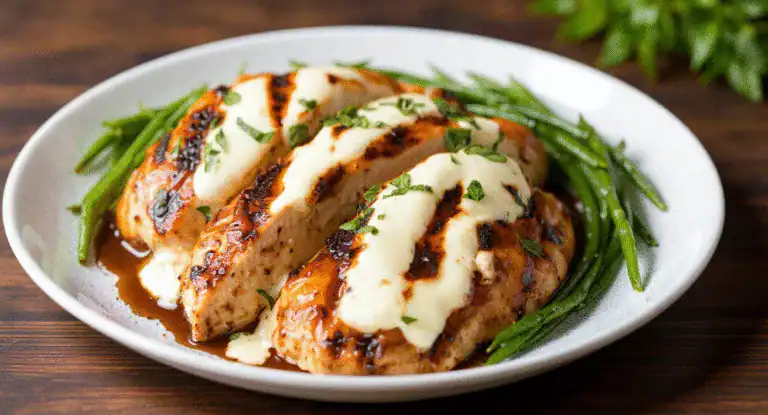 Juicy grilled chicken breast topped with creamy mashed potatoes and savory gravy, served with fresh green beans on a white plate, perfect for a hearty comfort meal.