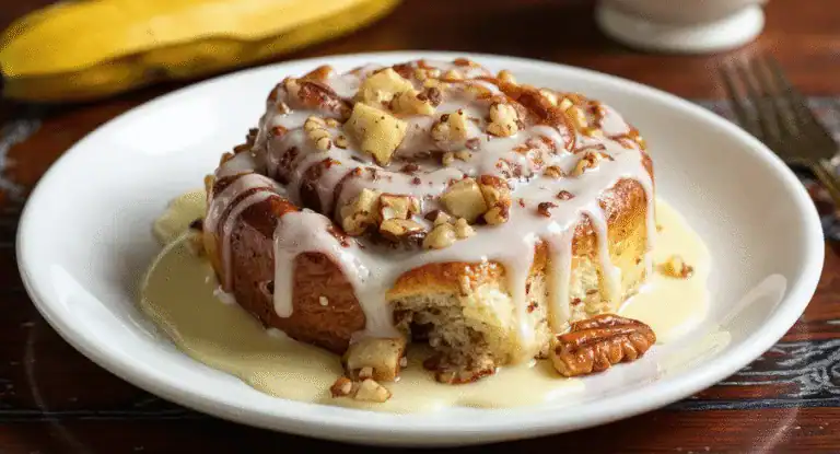 Golden-brown cinnamon roll dessert topped with white icing and chopped nuts on a white plate, drizzled with sweet glaze, served with melted cream cheese frosting and walnuts on the side.