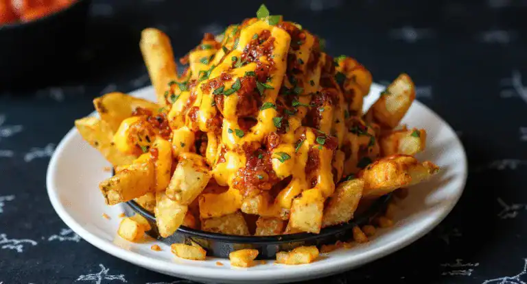 Crispy fries topped with rich cheese sauce, spicy bacon, and fresh herbs, served on a black dish for a savory game day snack or indulgent treat.