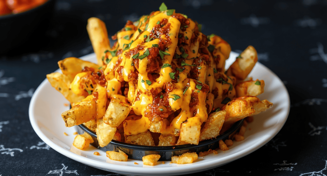 Crispy fries topped with rich cheese sauce, spicy bacon, and fresh herbs, served on a black dish for a savory game day snack or indulgent treat.