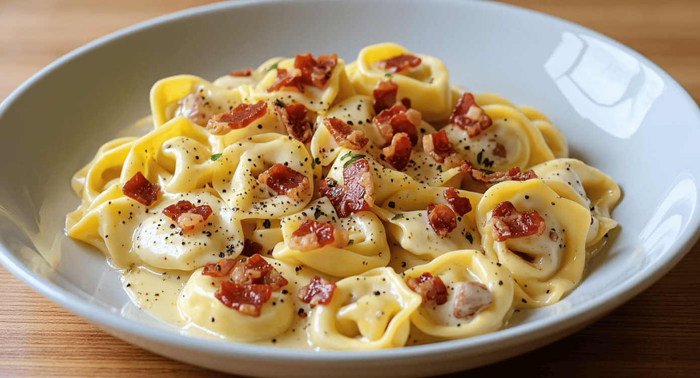 Creamy tortellini pasta with bacon bits and black pepper, served in a white bowl on a wooden surface. Perfect for comfort food recipes and easy-to-make Italian dishes.