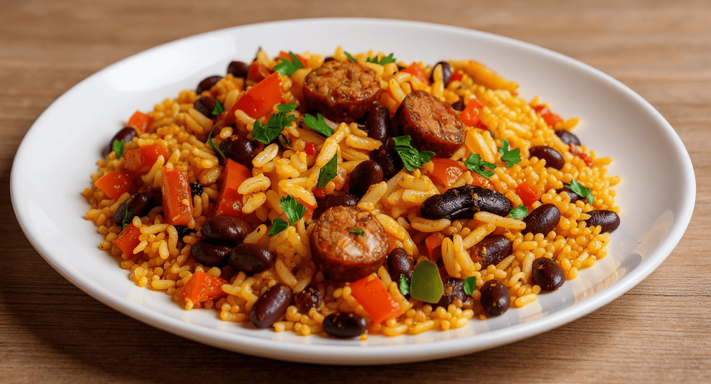 Savory sausage and bean rice dish on a white plate with fresh herbs, featuring black beans, carrots, rice, and sausage slices, perfect for a hearty, flavorful meal.