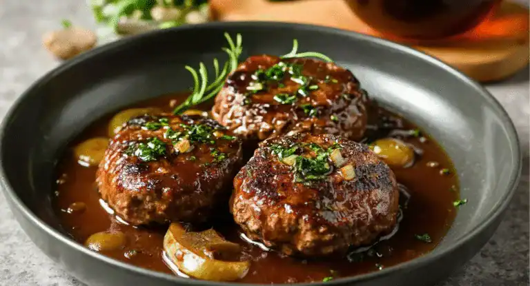 Savory meatloaf with rich gravy and herbs in a black bowl, close-up image highlighting tender textures and flavorful sauce, perfect for hearty dinner recipes.