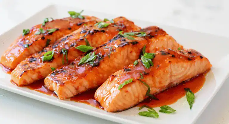 Succulent glazed salmon fillets garnished with fresh green herbs on a white plate, showcasing a delicious, healthy seafood dish perfect for dinner or special occasions.
