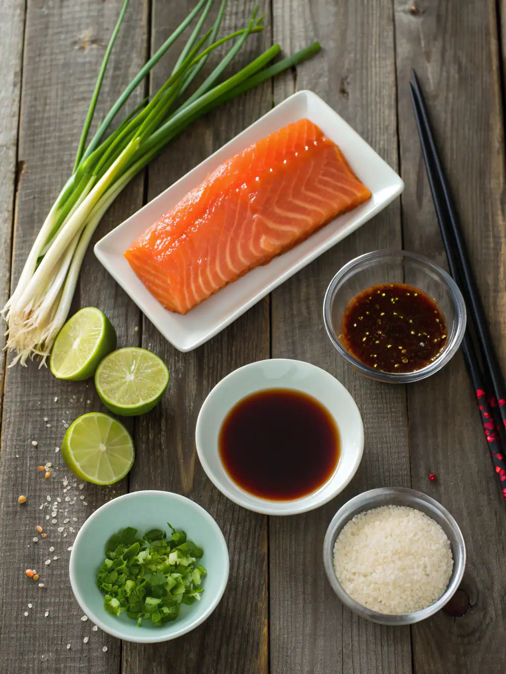 Ingredients for broiled salmon with thai sweet chili glaze