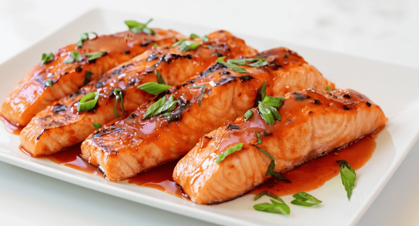 Succulent glazed salmon fillets garnished with fresh green herbs on a white plate, showcasing a delicious, healthy seafood dish perfect for dinner or special occasions.