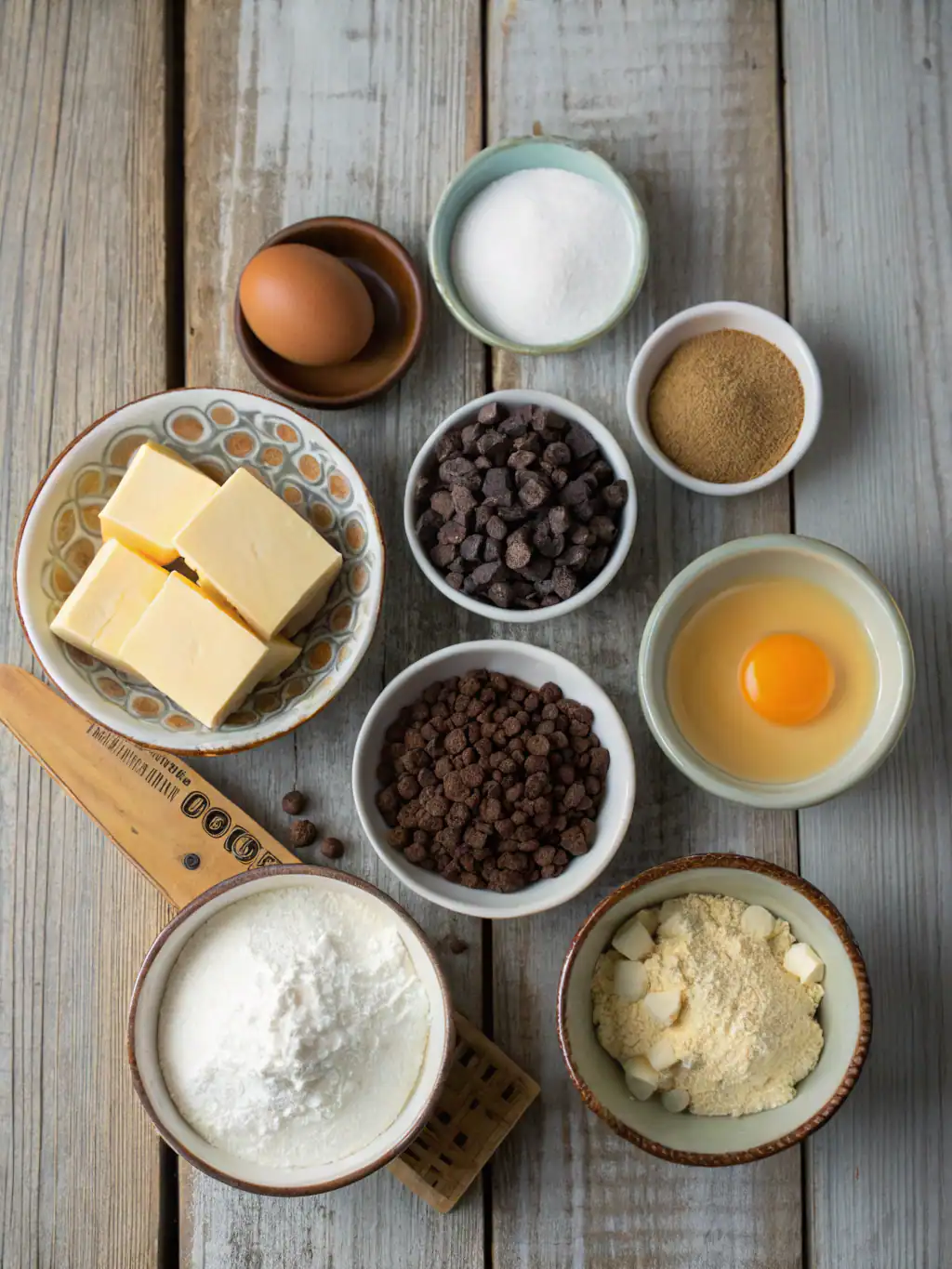 Buttermilk, egg, chocolate chips, butter, flour, sugar, vanilla extract, baking soda, and salt ingredients for baking, arranged on a rustic wooden surface. Suitable for cake or cookie recipes.