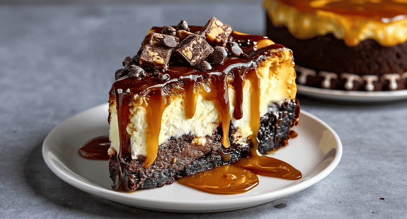 Rich chocolate caramel cheesecake topped with fudge chunks and drizzled caramel sauce on a white plate. Perfect dessert for chocolate and caramel lovers.