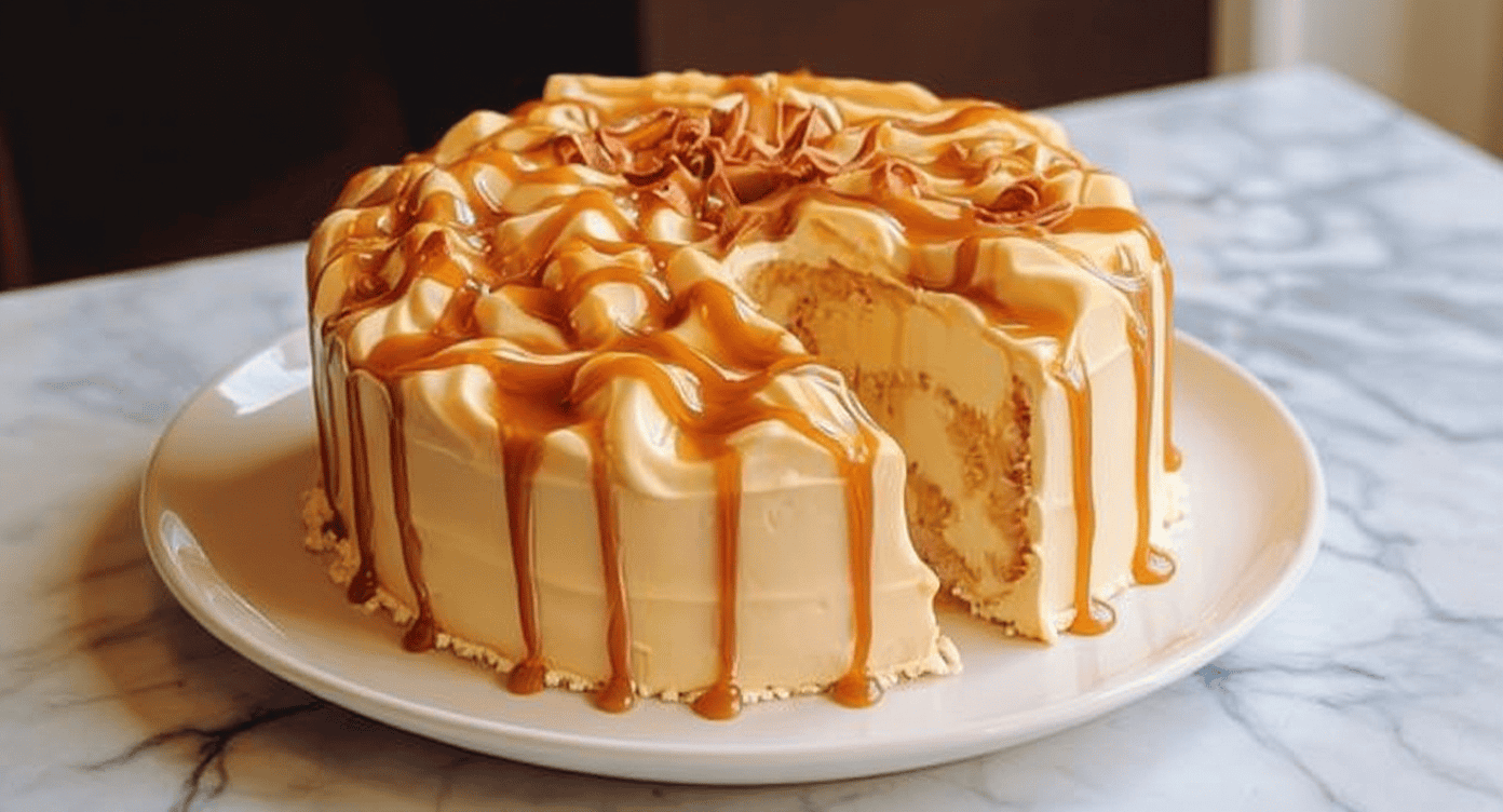 Creamy caramel drizzle caramel cake on white plate, slice cut out to show layers, perfect dessert for special occasions.