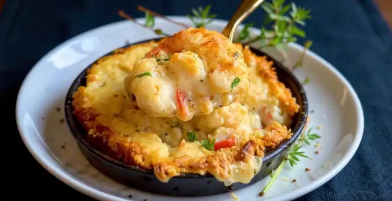 Creamy seafood casserole with shrimp, scallops, and cheese in a cast iron skillet, served with fresh herbs. Perfect comfort food recipe from Recipestang for seafood lovers.