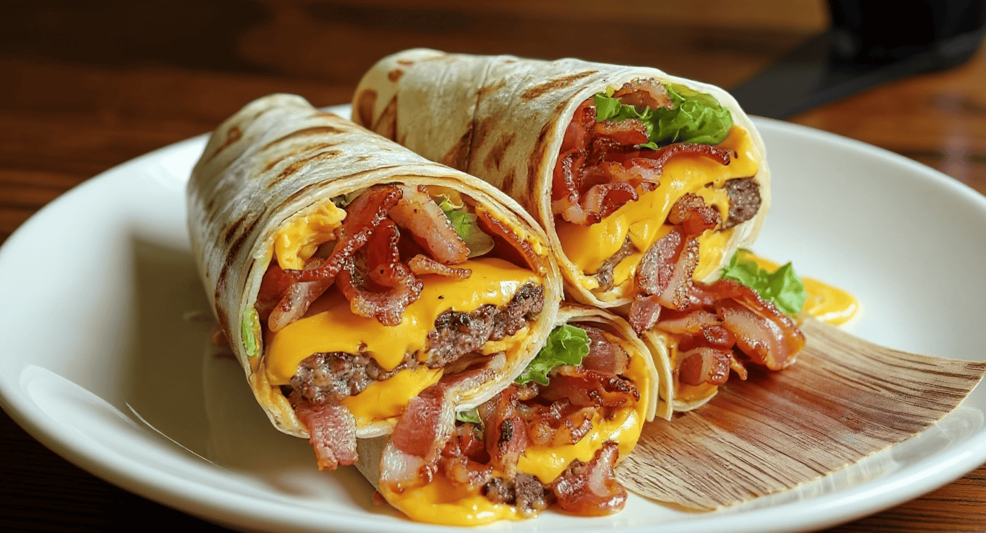 Golden breakfast burrito with bacon, melted cheese, beef patty, and fresh greens on a white plate.