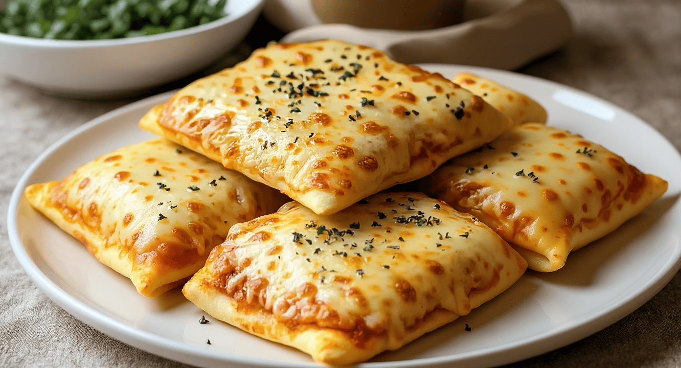 Golden baked cheese stuffed pizza pockets on a white plate, topped with herbs and melted cheese. Perfect for quick, cheesy recipes and delicious snacks, ideal for pizza lovers.