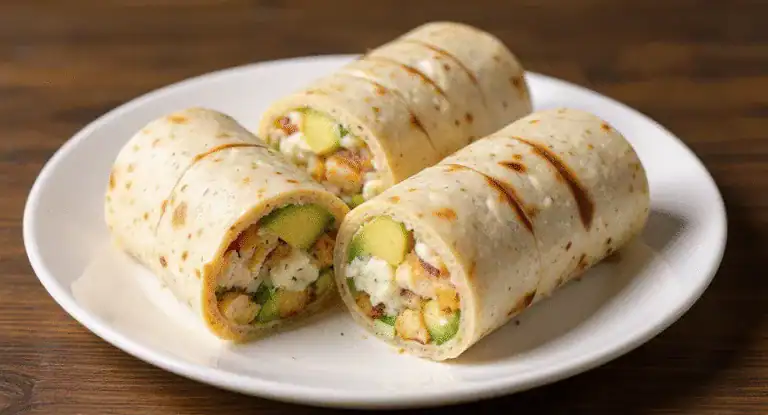 Creamy vegetable wrap with fresh cucumber, cheese, and crispy ingredients, served on a white plate. Perfect for a nutritious and delicious lunch or snack.