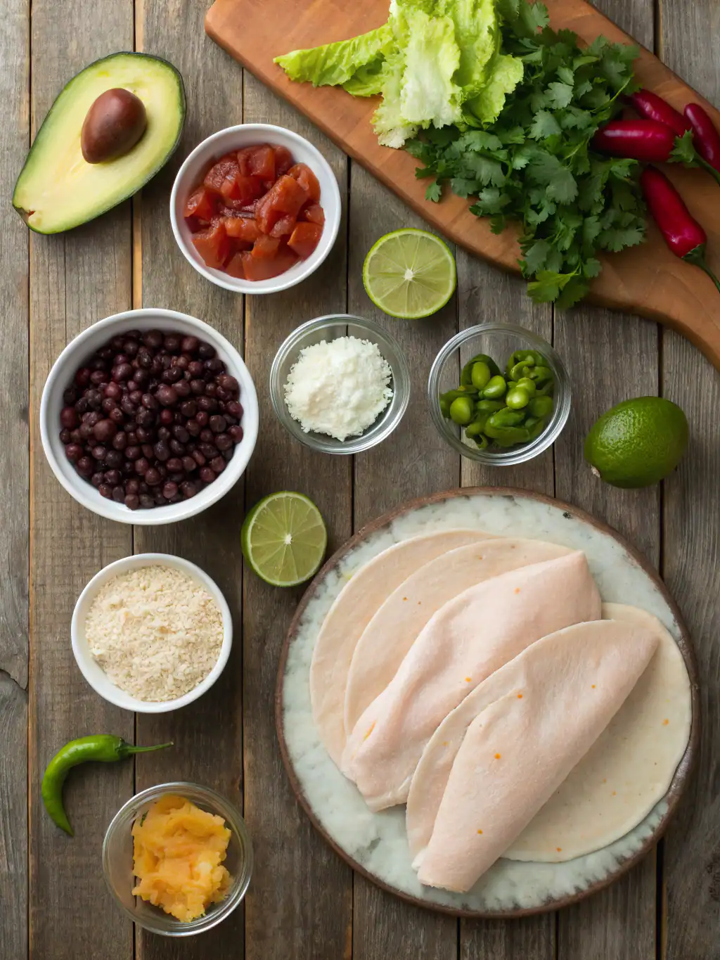 Boneless chicken breasts, fresh herbs, tomatoes, avocado, lime, black beans, shredded cheese, chopped onions, jalapeño, shredded potato, chopped cilantro, chopped lettuce, red chili peppers, salsa, garlic paste, tortillas, cooking ingredients, Mexican cuisine, cooking ingredients, healthy meal prep, food ingredients on rustic wooden background.