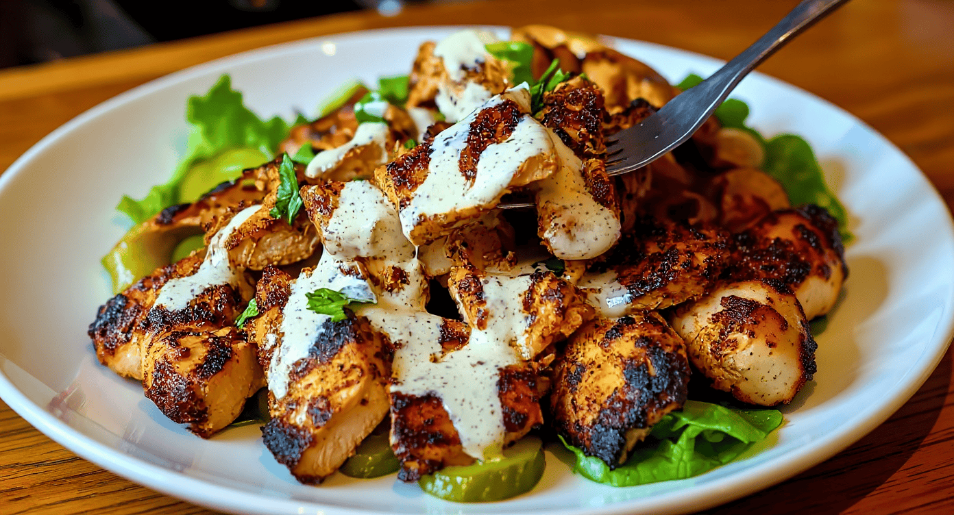 Grilled chicken with creamy sauce and fresh herbs served on a white plate, featuring vibrant vegetables, perfect for delicious recipes from Recipestang.