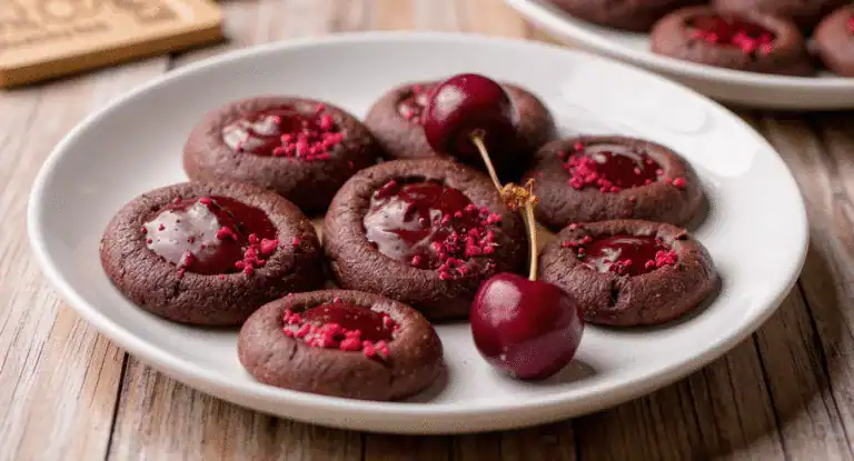 Chocolate cookies with cherry toppings and pink sprinkles on a white plate, served as a delicious dessert option.