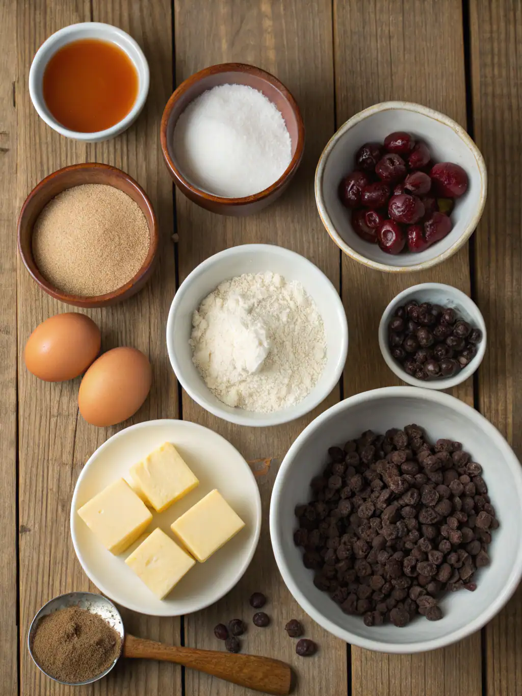 Assorted baking ingredients including butter, eggs, dried blueberries, blackberries, chocolate chips, chopped cherries, vanilla extract, flour, sugar, and spices on a rustic wooden surface.