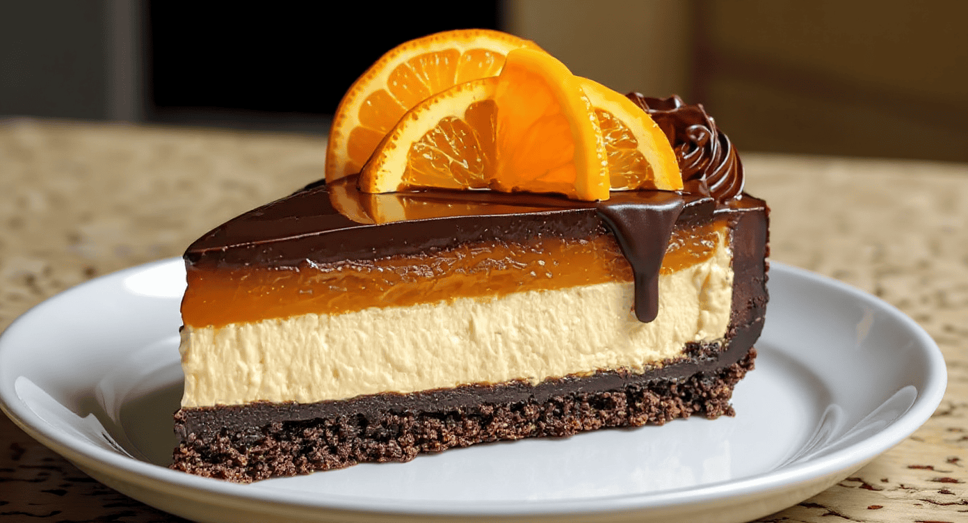Decadent orange and chocolate layered cheesecake with citrus slices and glossy chocolate topping on white plate.