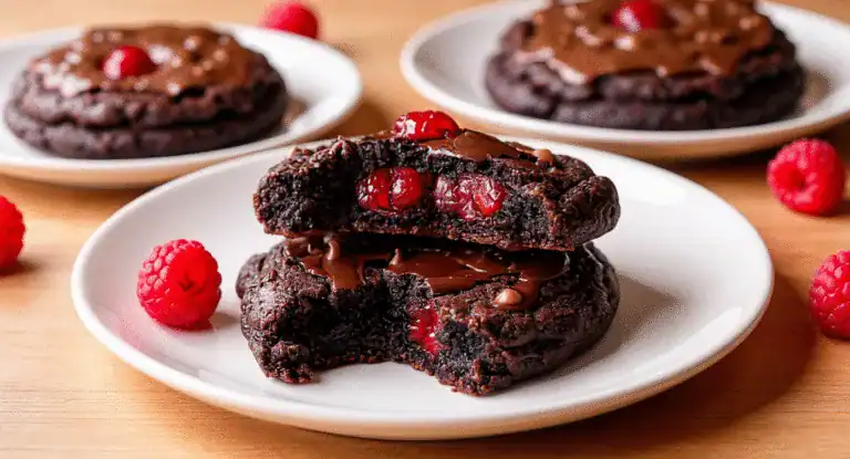 Decadent chocolate berry cookie with melted chocolate and fresh raspberries on a white plate, perfect for dessert lovers and chocolate enthusiasts.
