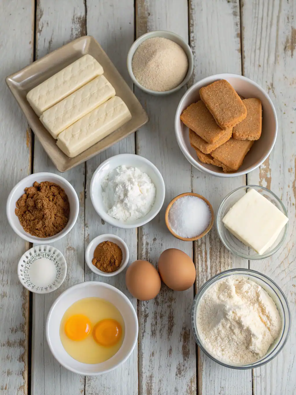 Creamy tofu blocks, seasoned ingredients, eggs, flour, breadcrumbs, and spices on a rustic wooden surface. Perfect for making crispy tofu recipes, vegetarian dishes, or plant-based meals with fresh ingredients.