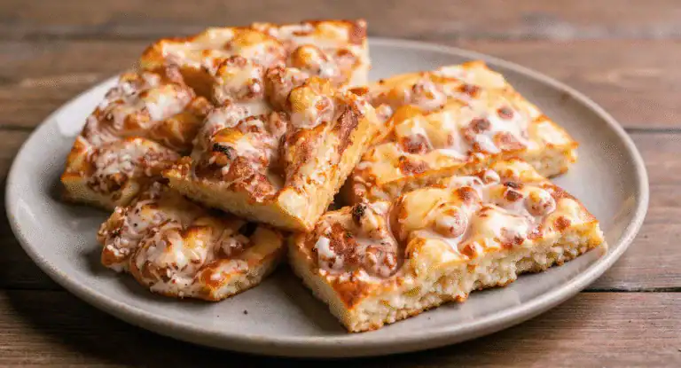 Cheesy pepperoni pizza slices on a white plate, crispy crust, melted cheese, and savory toppings. Perfect comfort food for pizza lovers, ideal for sharing or solo indulgence.