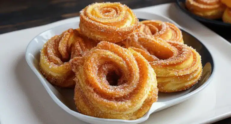 Sweet churros with cinnamon sugar, served in a white bowl, ready to enjoy as a delicious dessert or snack. Perfect for breakfast or tea time. Freshly made and crispy, ideal for churros lovers.