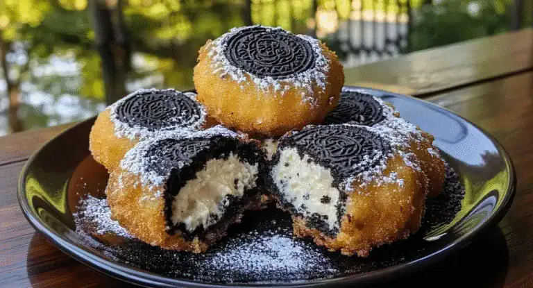 Delicious deep-fried oreo cookies with creamy filling, dusted with powdered sugar on a black plate, perfect for dessert or snack.