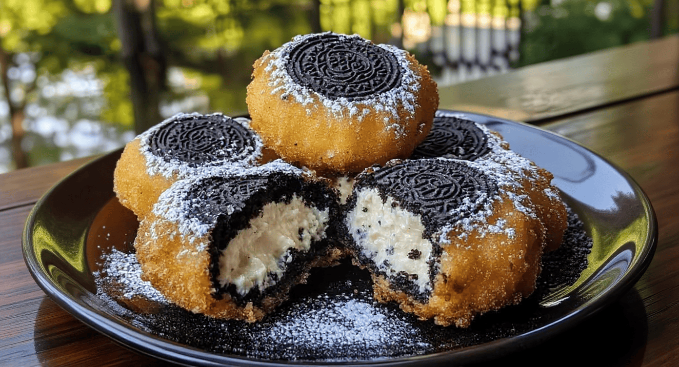 Delicious deep-fried oreo cookies with creamy filling, dusted with powdered sugar on a black plate, perfect for dessert or snack.