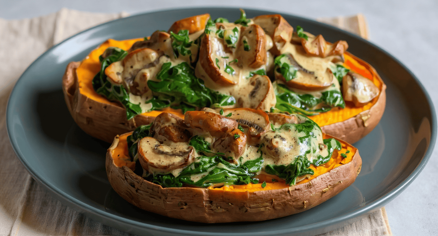 Baked sweet potato halves topped with sautéed mushrooms, spinach, and creamy sauce on a teal plate. Healthy and delicious vegetarian dish with nutritious ingredients. Perfect for dinner or lunch.