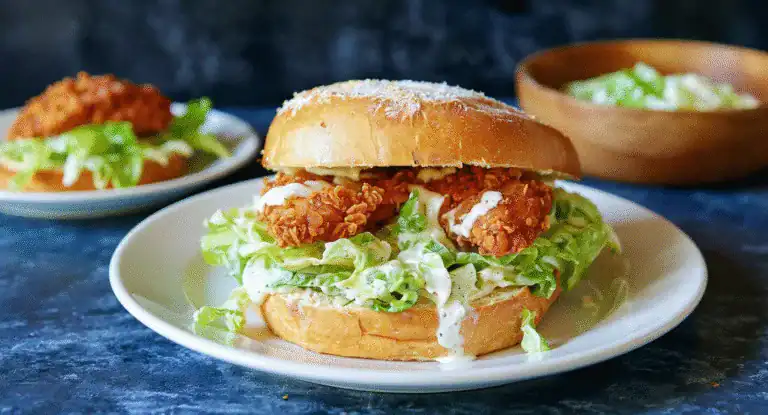 Crispy fried chicken sandwich with lettuce and creamy sauce on a toasted bun, served with side dishes; delicious fast-food comfort meal in a modern setting.