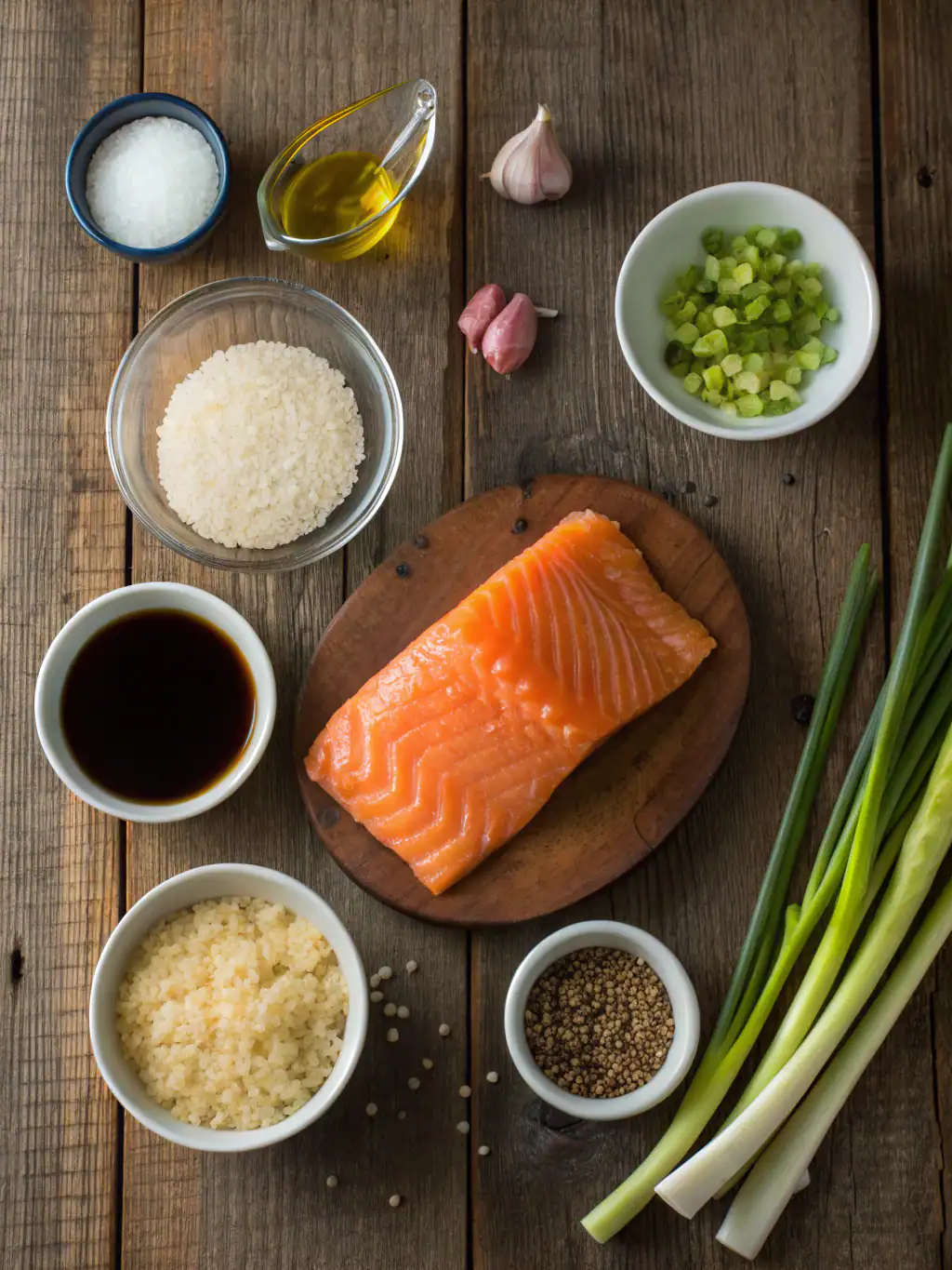 Salmon fillet with chopped green onions, garlic, soy sauce, and rice ingredients on a rustic wooden table, ideal for preparing delicious seafood dishes.
