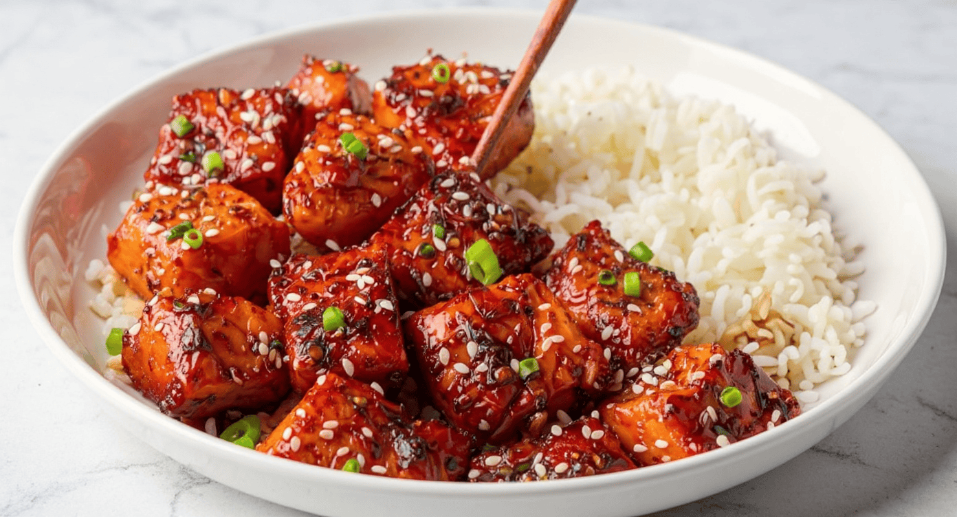 Crispy tofu skewers glazed with teriyaki sauce, garnished with sesame seeds and chopped green onions served alongside steamed white rice, perfect for quick and delicious Asian-inspired meals.