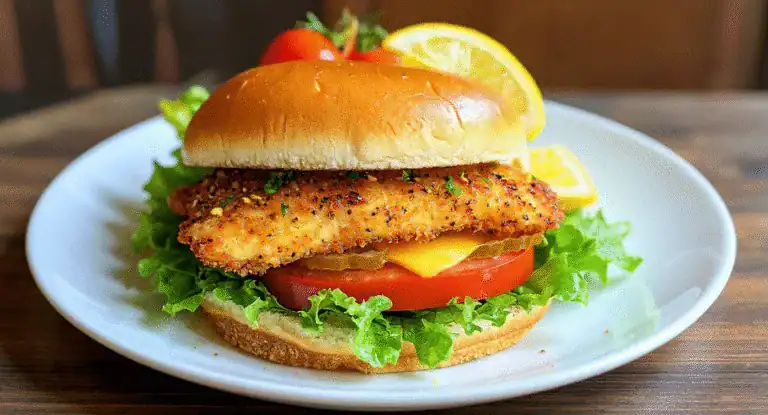 Crispy fried fish sandwich with fresh lettuce, tomato, cheddar cheese, and lemon wedges on a white plate. Perfect for a delicious seafood burger meal.