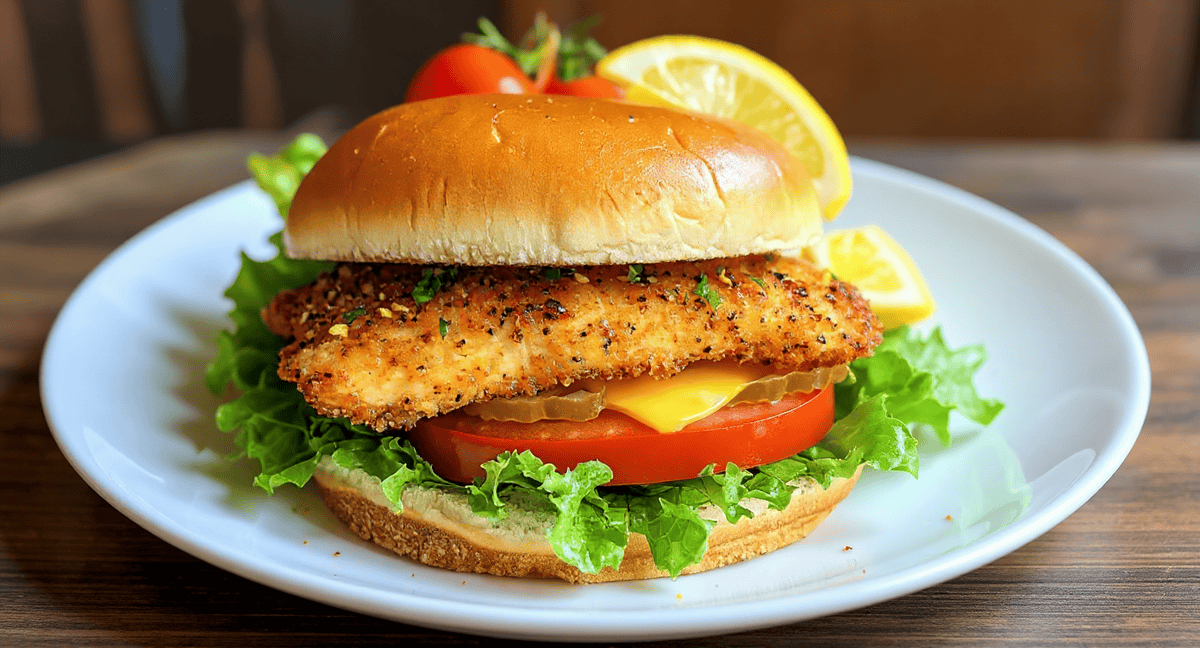 Crispy fried fish sandwich with fresh lettuce, tomato, cheddar cheese, and lemon wedges on a white plate. Perfect for a delicious seafood burger meal.