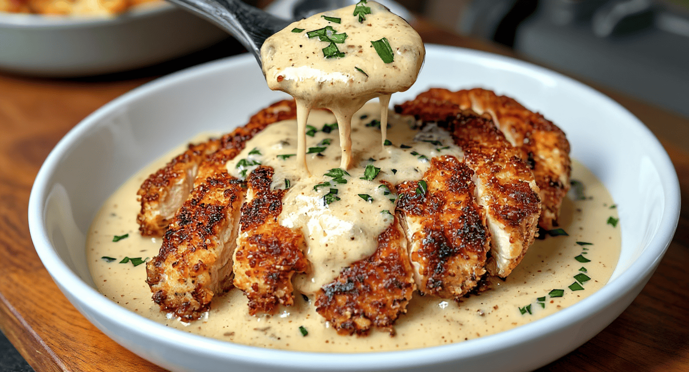 Creamy homemade chicken marsala with tender breaded chicken topped with rich mushroom and wine sauce served in a white bowl on a wooden table. Perfect for dinner or family meals.
