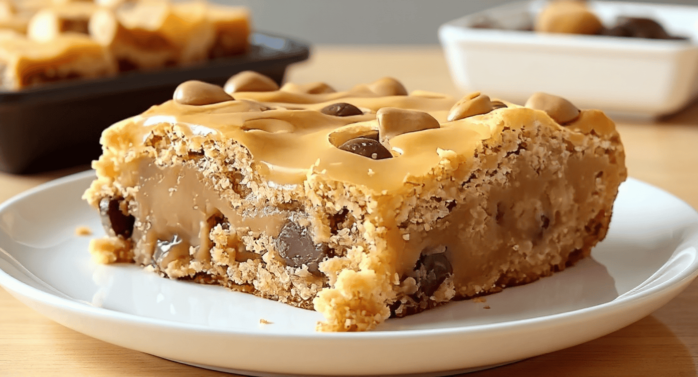 Butterscotch chip cookie bar with creamy caramel topping and crunchy almond pieces on a white plate, featuring a golden, chewy crumb and rich flavor perfect for dessert or snack.