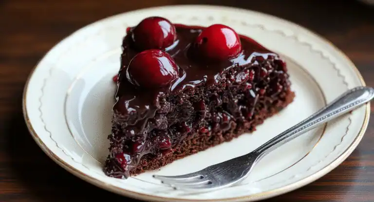Rich chocolate cherry cake with glossy glaze and fresh cherries on top, served on elegant white plate for dessert.