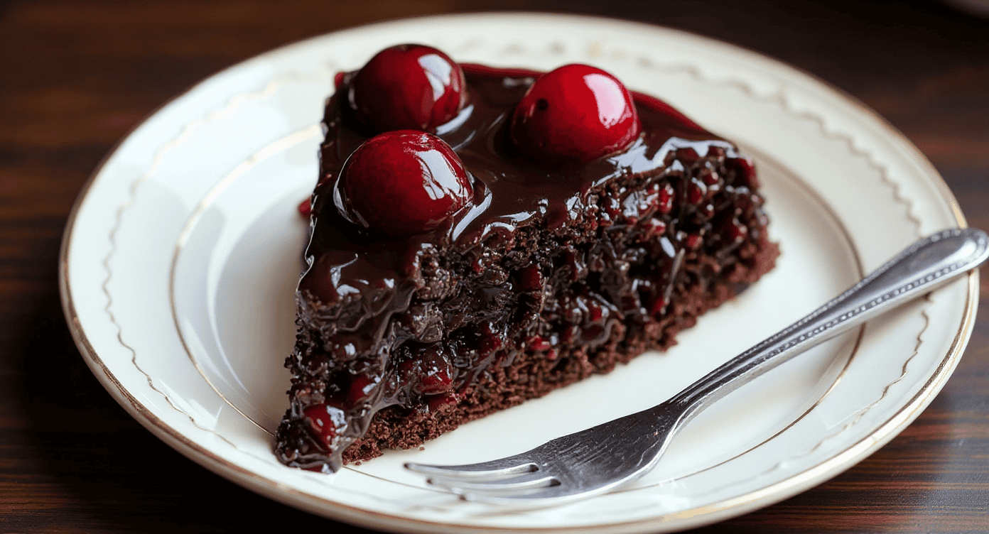 Rich chocolate cherry cake with glossy glaze and fresh cherries on top, served on elegant white plate for dessert.