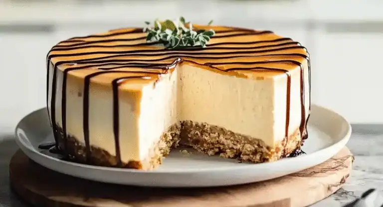 Creamy cheesecake with chocolate drizzle on top, garnished with fresh herbs, served on a white plate. Perfect for dessert lovers and special occasions.