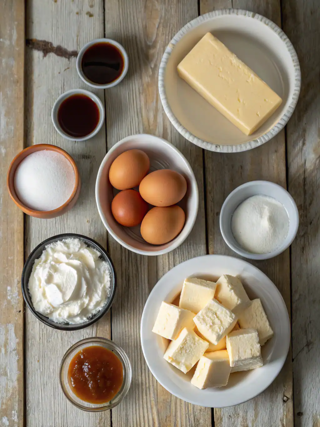 Butter, eggs, vanilla, sugar, cream cheese, condensed milk, soy sauce, caramel sauce, soy sauce, food ingredients, baking supplies, cooking essentials, culinary ingredients, recipe preparation, kitchen cooking ingredients.