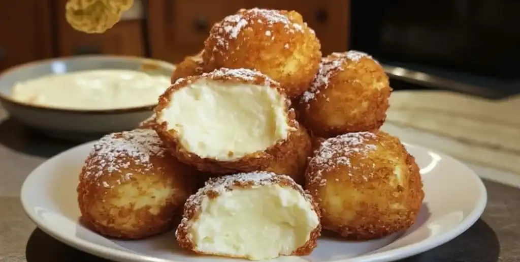 Golden fried cheese balls with creamy filling served on a white plate, dusted with powdered sugar, perfect for tasty snack recipes.