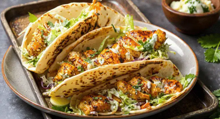 Grilled chicken tacos with fresh lettuce, cilantro, and creamy sauce on soft flour tortillas served on a rustic plate. Perfect for a flavorful Mexican meal.