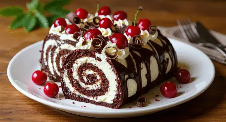 Delicious chocolate roll cake with whipped cream and cherries, topped with chocolate curls, on a white plate. Perfect dessert for special occasions or sweet cravings.