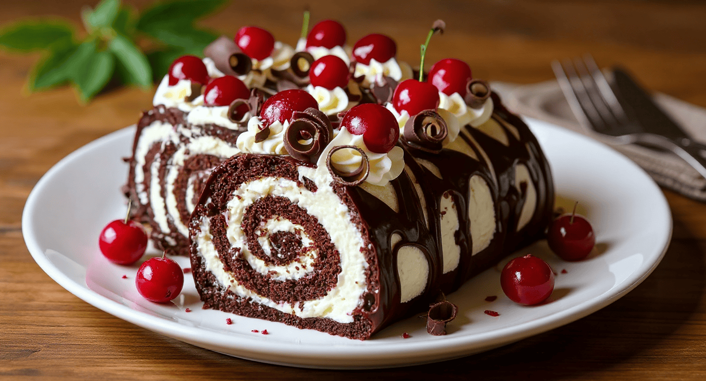 Delicious chocolate roll cake with whipped cream and cherries, topped with chocolate curls, on a white plate. Perfect dessert for special occasions or sweet cravings.