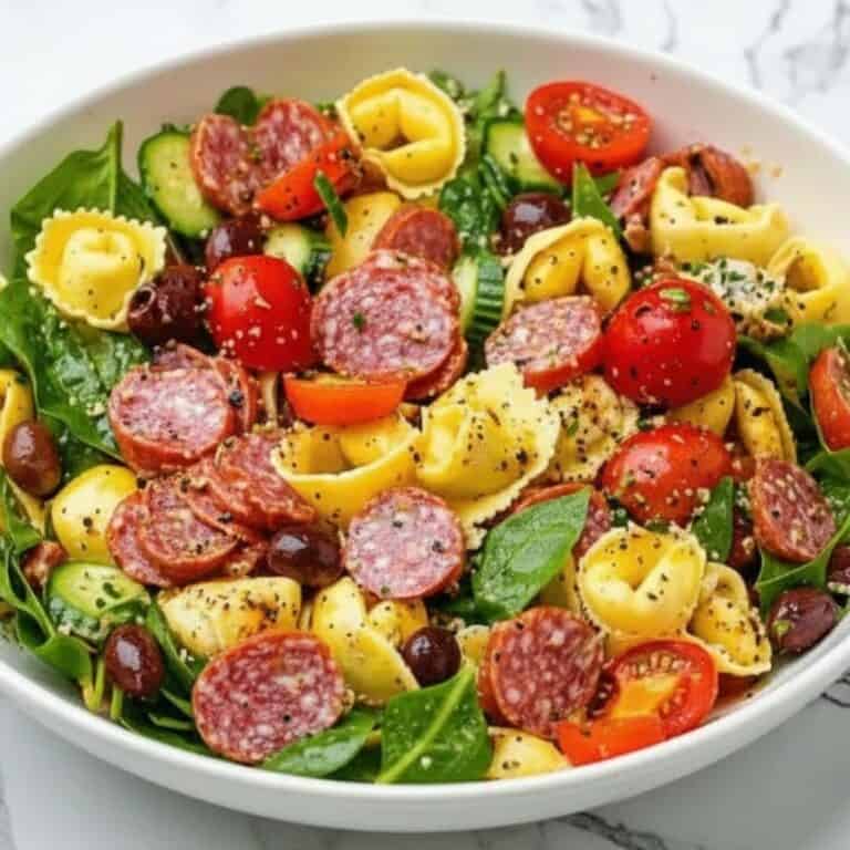 Fresh pasta salad with cherry tomatoes, salami, black olives, and fresh basil on a white marble background. Perfect for summer meals, easy to prepare, and full of flavor.