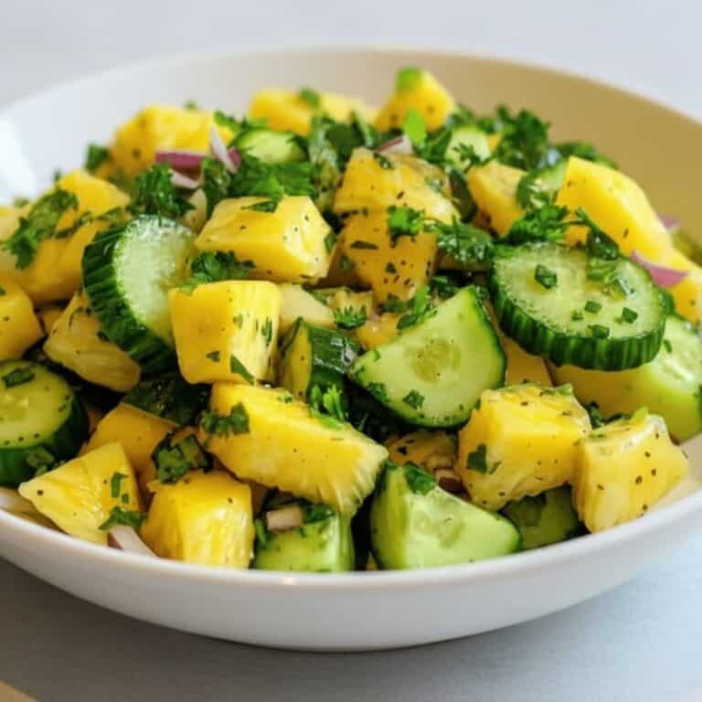 Fresh pineapple cucumber salad with chopped red onions and herbs. Perfect for a healthy, refreshing snack or side dish. Bright, vibrant colors and crisp textures.