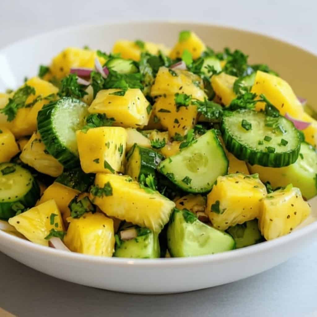Fresh pineapple cucumber salad with chopped red onions and herbs. Perfect for a healthy, refreshing snack or side dish. Bright, vibrant colors and crisp textures.