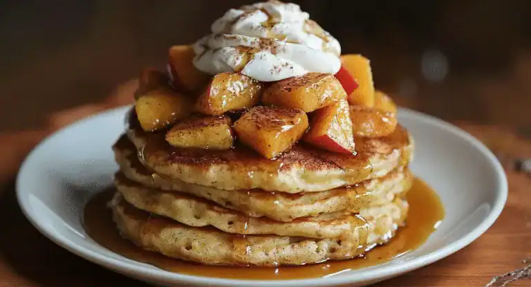 Sweet potato pancakes with caramelized apples, whipped cream, and maple syrup served on a white plate. Perfect for breakfast or dessert, featuring fluffy pancakes topped with fresh fruit and syrup.