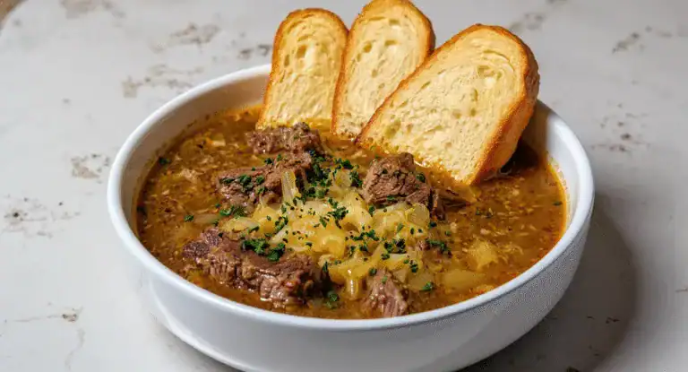 Savory beef stew garnished with herbs, served with toasted bread slices in a white bowl on a marble surface. Perfect for comfort food recipes and hearty meals.